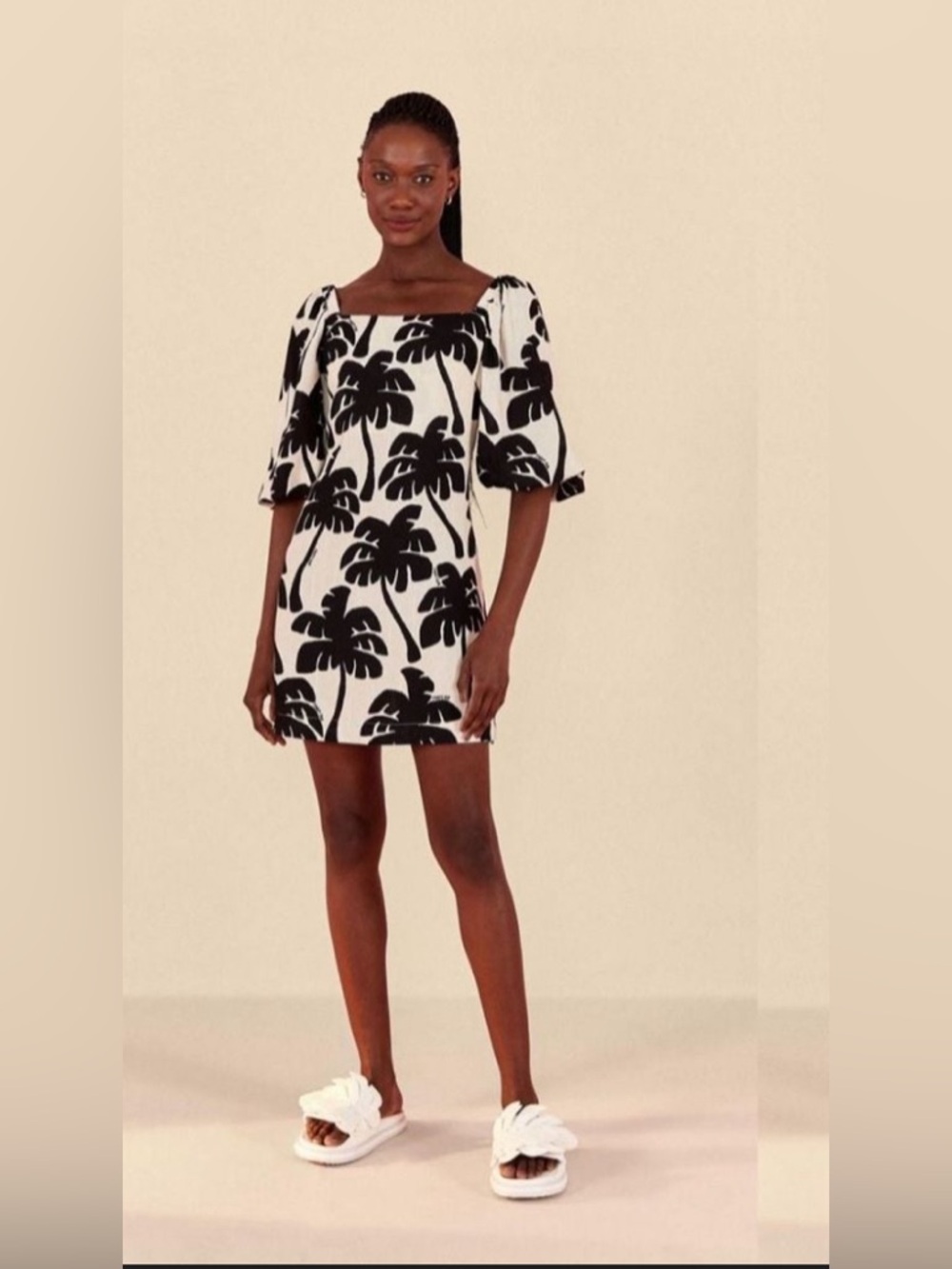 Farm Rio Square Neck Black & White Palm Print Mini Dress size small